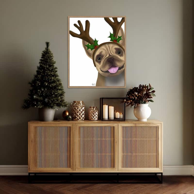 French Bulldog Antlers 2 by Fab Funky (23 x 28 in.), Framed Canvas Wall Art Print - Sylvie Beaded Rustic Natural