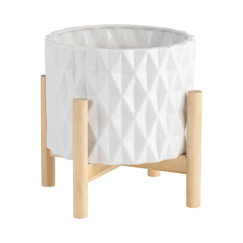 Sagebrook Home Ceramic Planter on Pine Wood Stand - Enhance Your Living Space - Garden Chic Decor