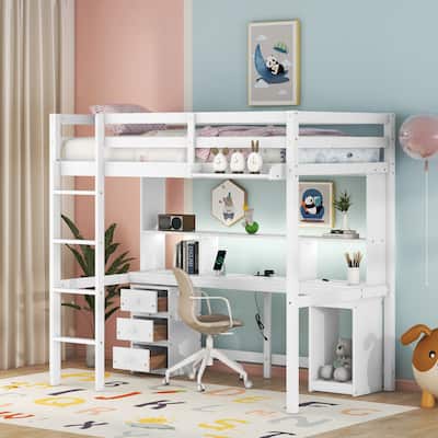 Twin/Full Size Loft Bed with Multi-storage Desk, LED light and Bedside Tray, Charging Station, White