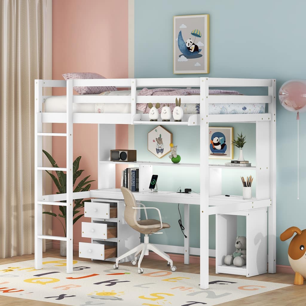 Twin/Full Size Loft Bed with Multi-storage Desk, LED light and Bedside Tray, Charging Station, White