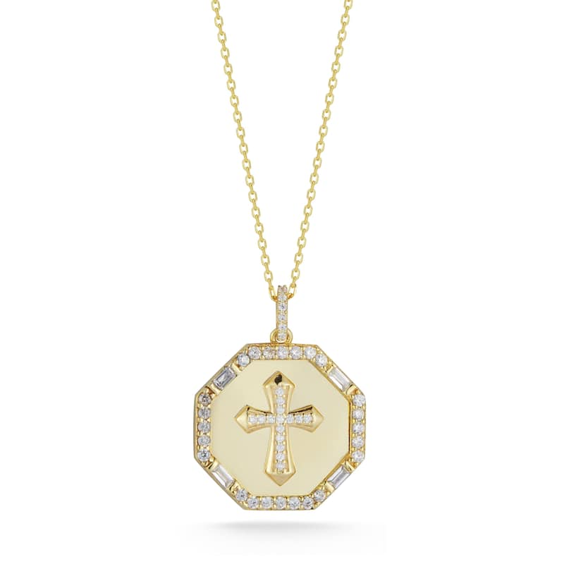 Soleil Sterling Silver CZ Octagon Cross Pendant Necklace - Yellow