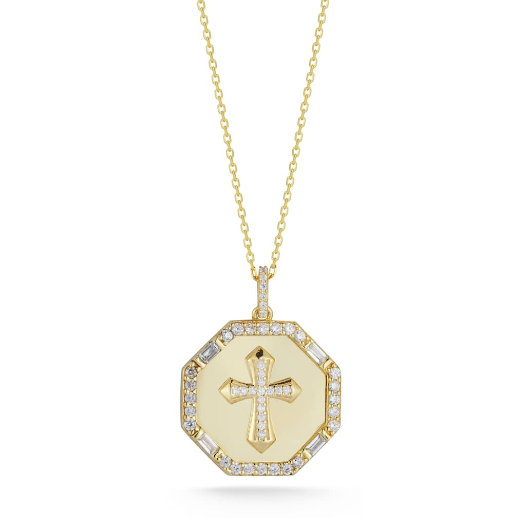 Soleil Sterling Silver CZ Octagon Cross Pendant Necklace