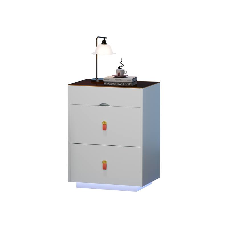30'' Modern Nightstand with 3 Drawers, LED Light & Glass Top – Bedside Table with Jewelry Storage for Bedroom