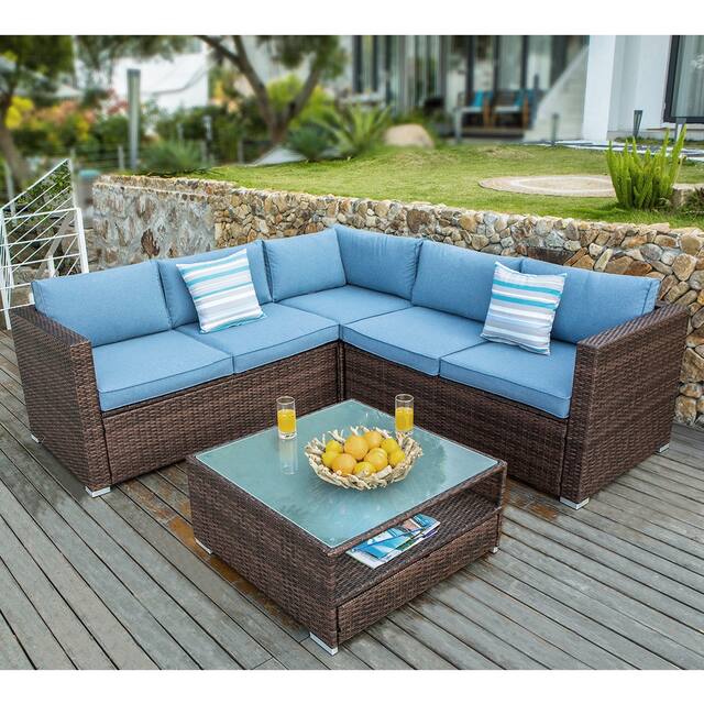 COSIEST 4-piece Patio Outdoor Cushioned Wicker Sectional Sofa Set - Blue