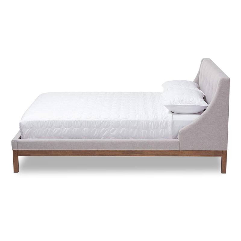Full Platform Bed Grey Beige Upholstered Modern Bed Winged Headboard Walnut Frame