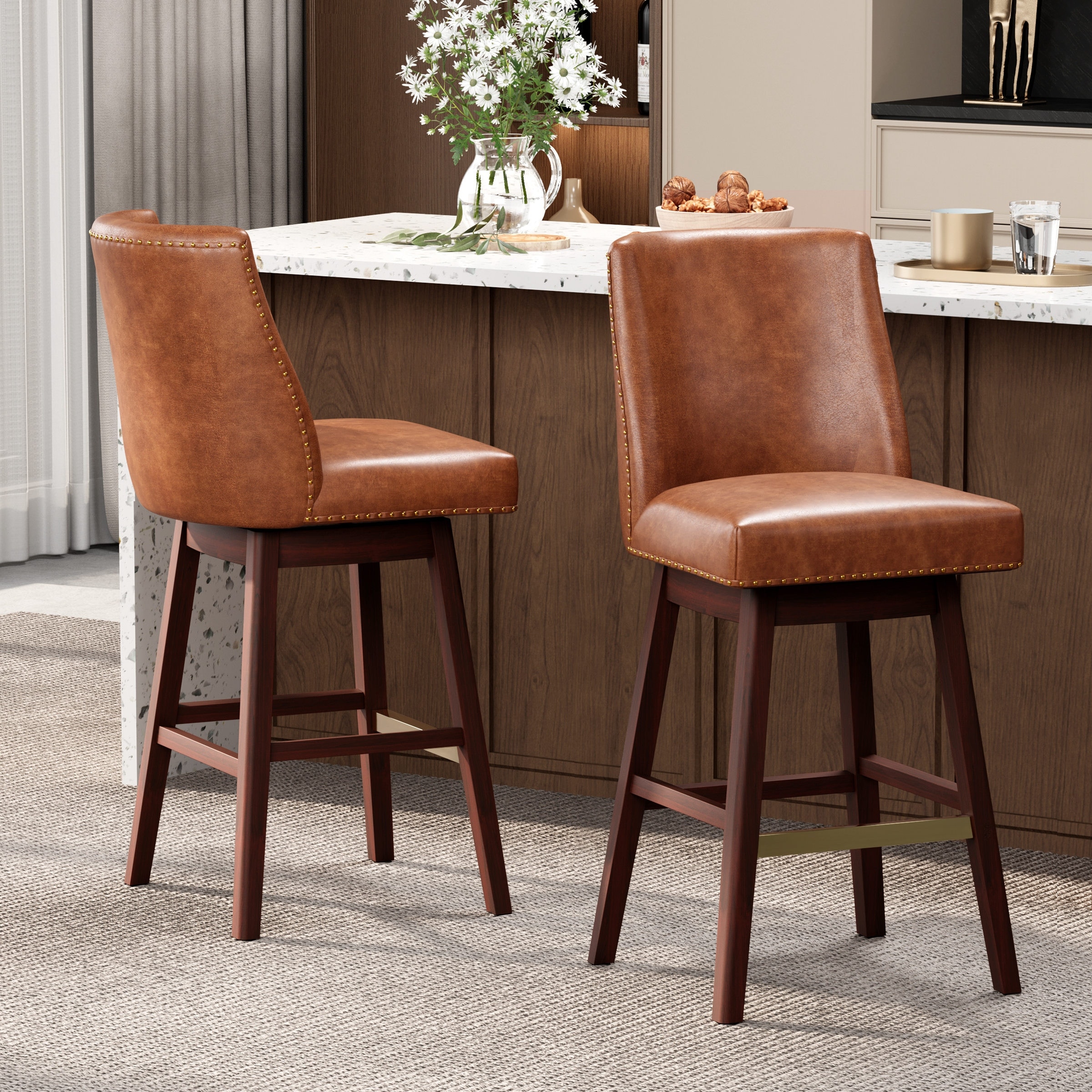 30.6" Height Solid Wood Upholstered Bar Stools Swivel with Back