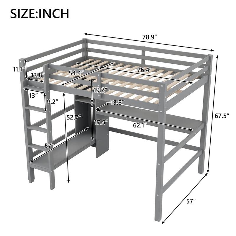 Full Size Loft Bed with Multifunction Shelves and Under-bed Desk - Grey