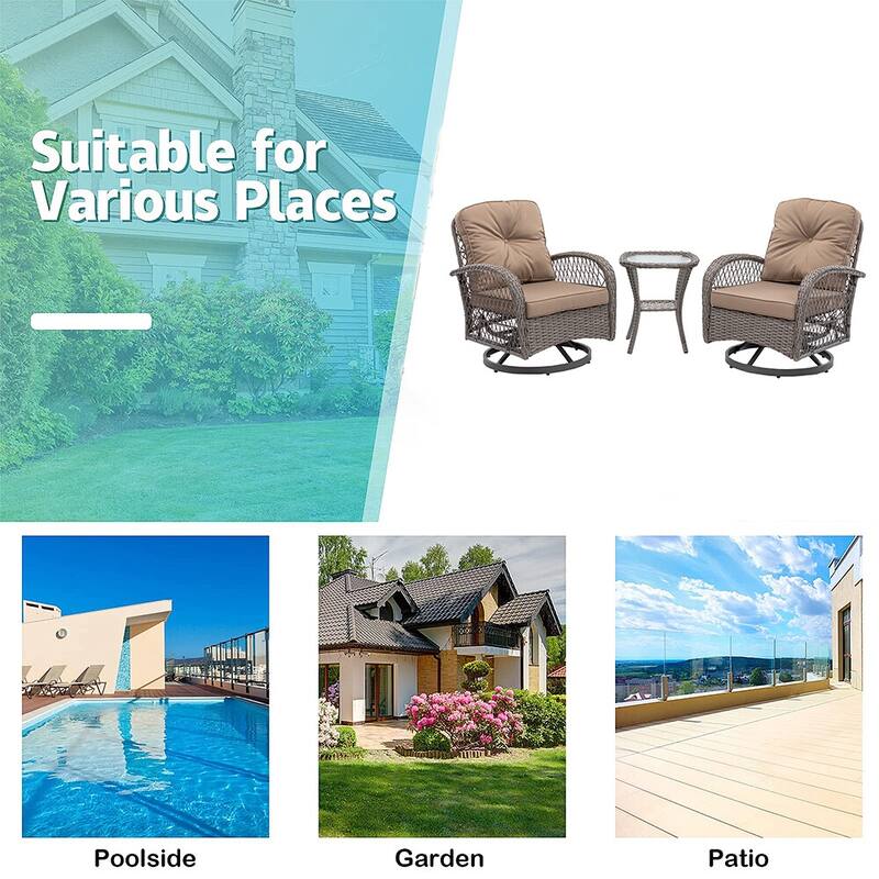 3 Pieces Outdoor Swivel Rocker Chairs, 360 Degree, Thickened Cushions & Glass Coffee Table