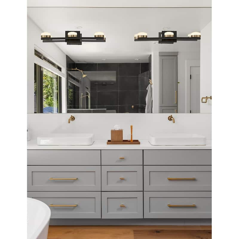 Justice Design Group EVOLV Fusion Puck 3-Light LED Bath Bar with Opal Glass Shade - Matte Black w/ Brass Accents