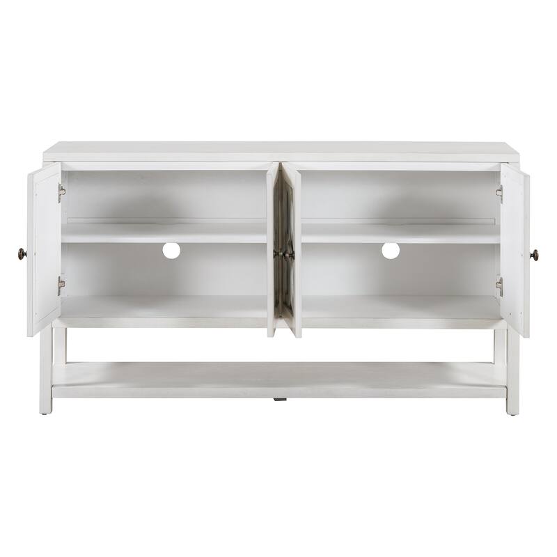 Antique White Sideboard Storage Cabinet with Mirrored Doors & Open Storage Shelf, Console Table Display Case for Living Room