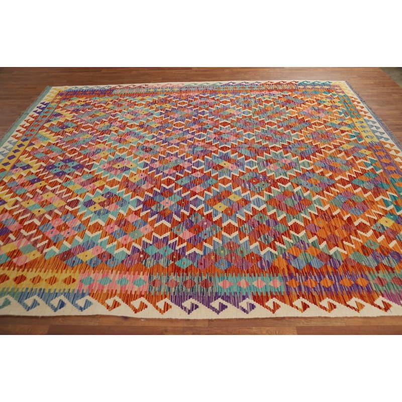 Reversible Kilim Oriental Area Rug Flatweave Orange Wool Carpet - 8'0" x 9'7"