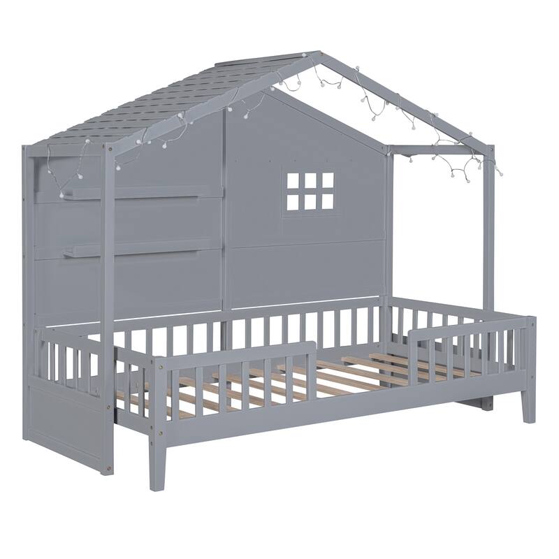 Twin Size House Bed with Shelves and Window, Wood Slatted Frame Platform Bed with Sparkling Light Strip on the Roof Design