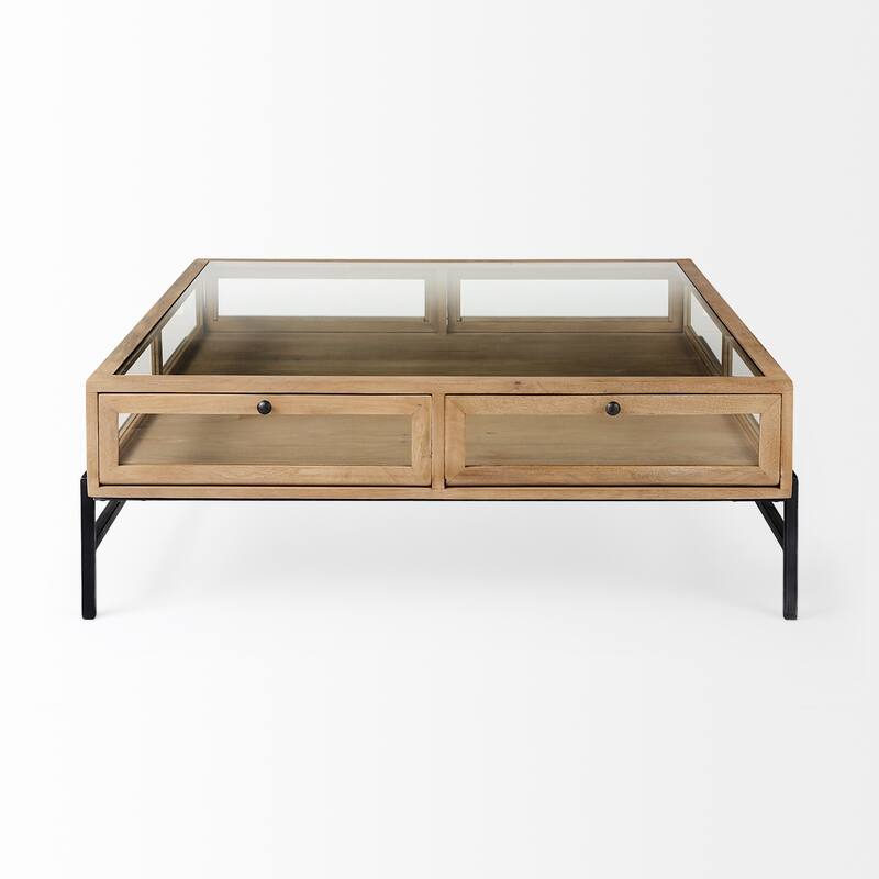 Arelius Light Brown Solid Wood w/ Black Iron Base Square Display Coffee Table