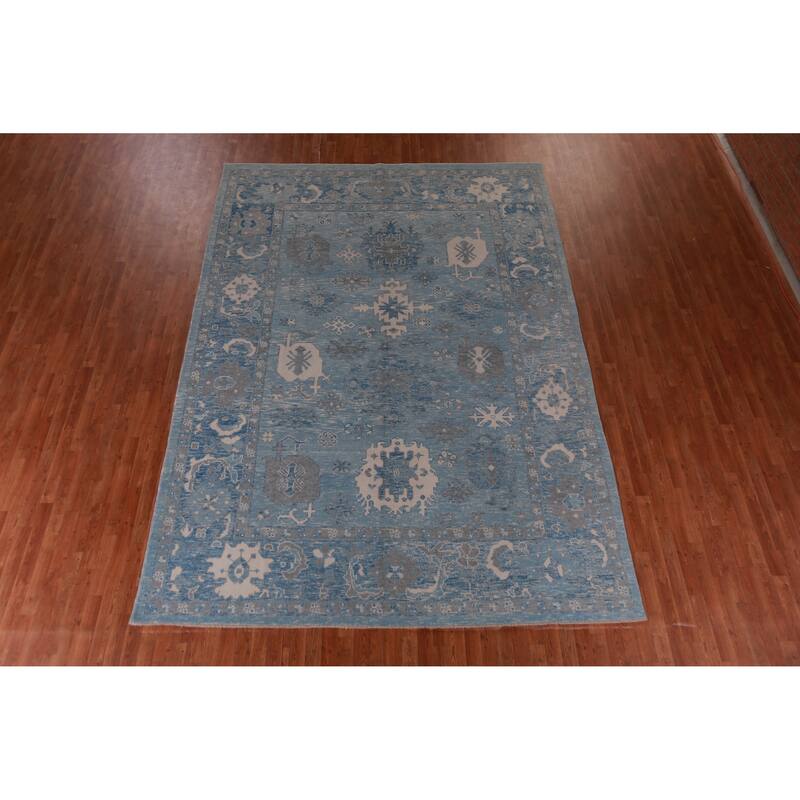 Hand Knotted Oriental 100% Wool Carpet Transitional All-Over Navy Blue & Blues Oushak Area Rug - 12' 9'' X 9' 1''