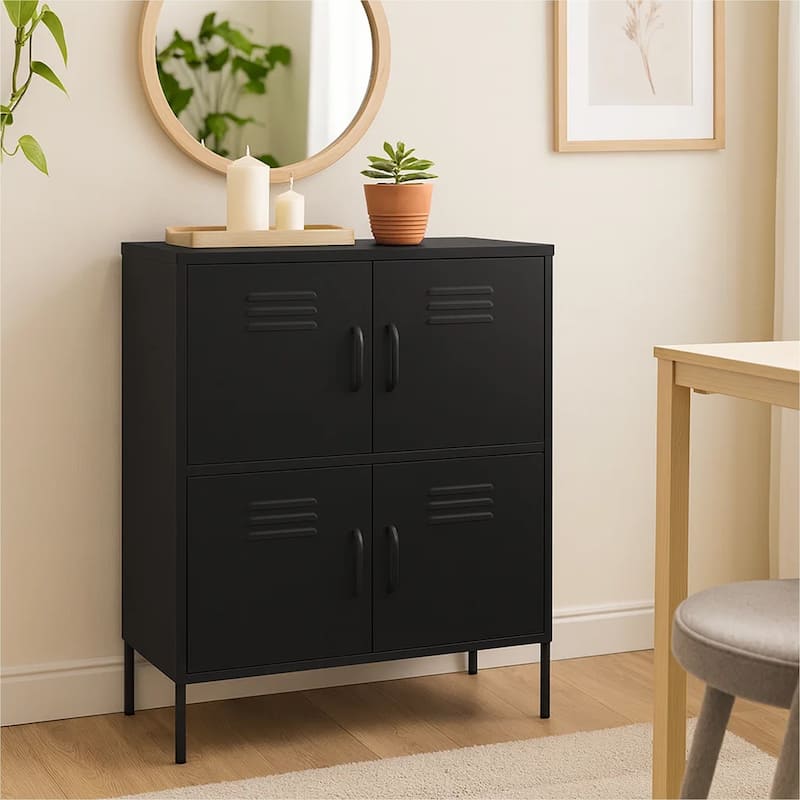 Black Steel Storage Cabinet, 4 Doors with 2 Adjustable Shelves