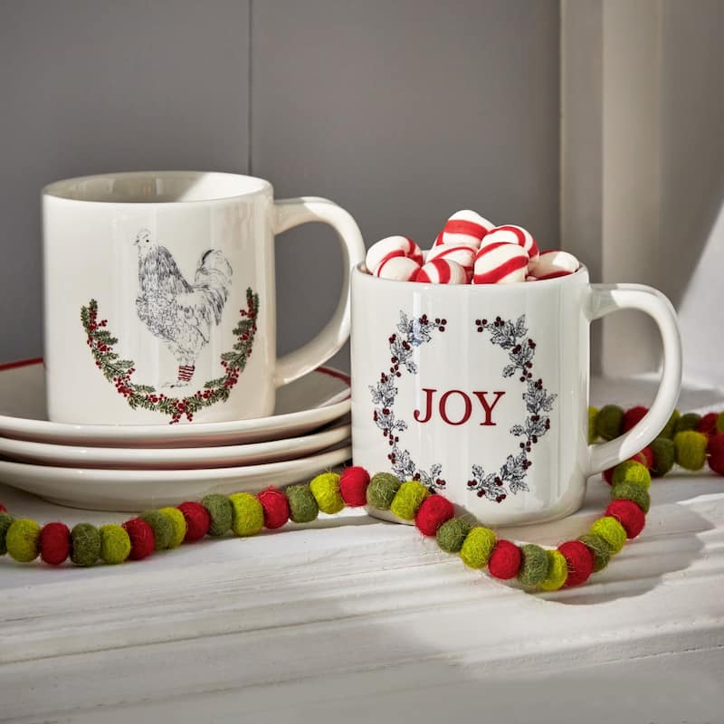 "Farmhouse Christmas" Collection Earthenware White Mug Featuring Rooster with Holly, 16.0 oz.