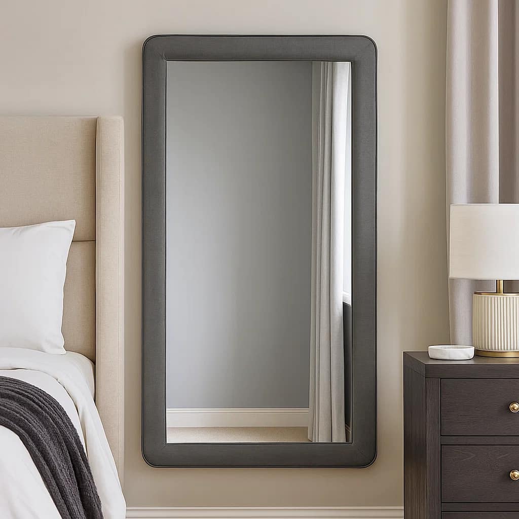 Fabric Upholstered Wooden Frame Mirror with Welt Trim, Light Gray
