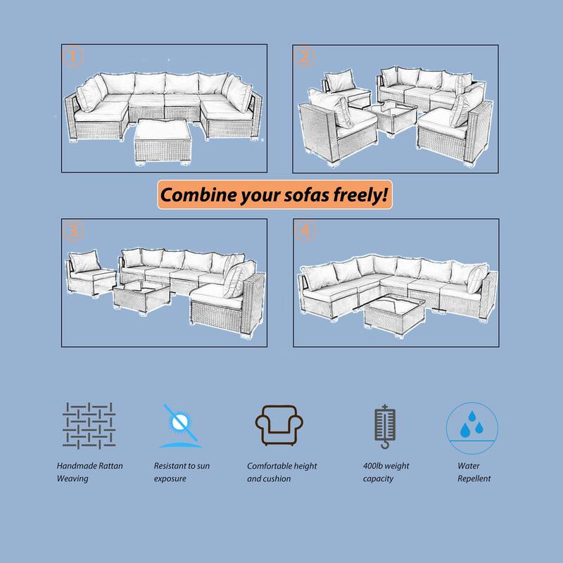 7-Piece Wicker Outdoor Sectional Set with Glass Table and Cushions