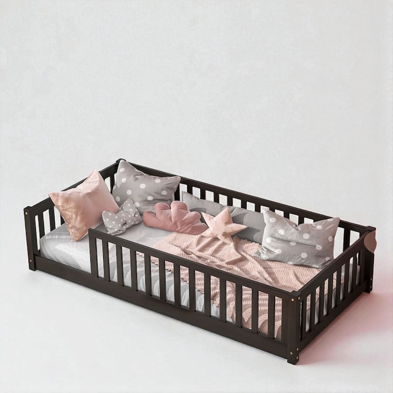 Twin Floor Bed with High Safety Fence, Rubber Wood Construction, Easy Assembly