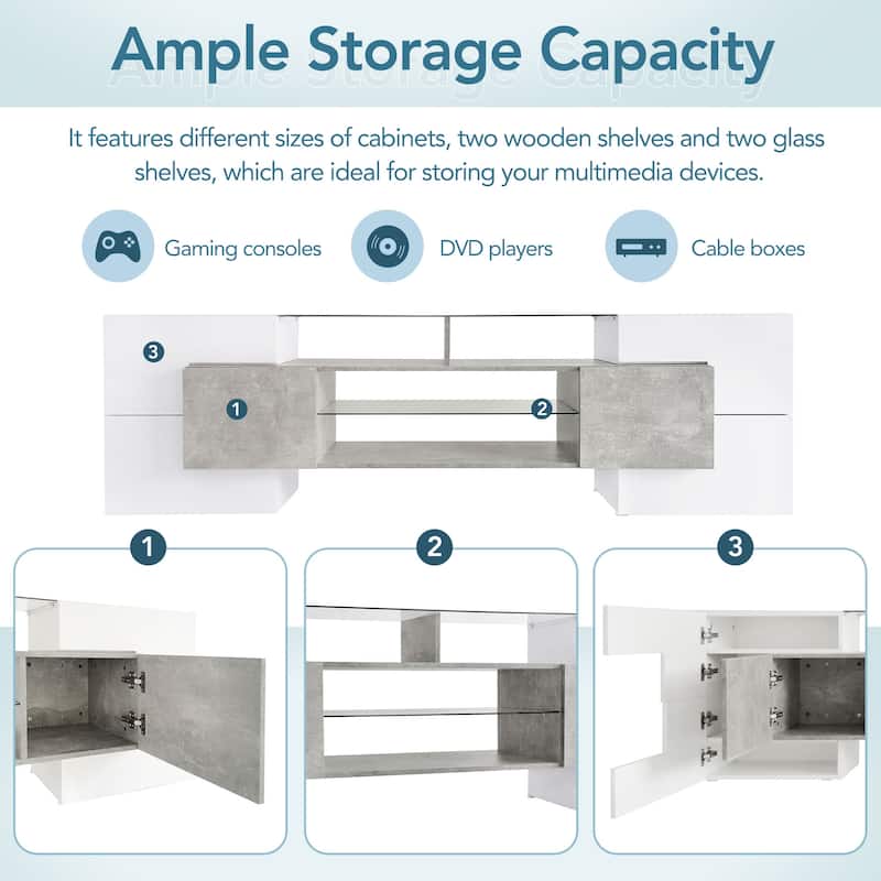 Unique Shape TV Stand with 2 Illuminated Glass Shelves - Grey