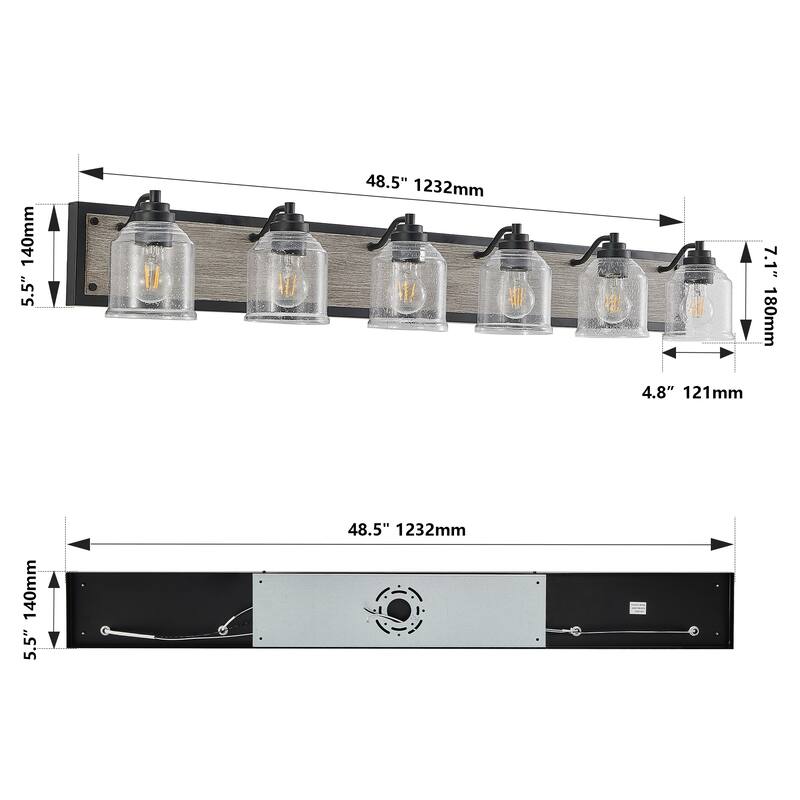 49" Farmhouse Vanity Light Fixture, 6-Light Bathroom Wall Sconce with Clear Seeded Glass Shades, Black and Wood Grain Finish