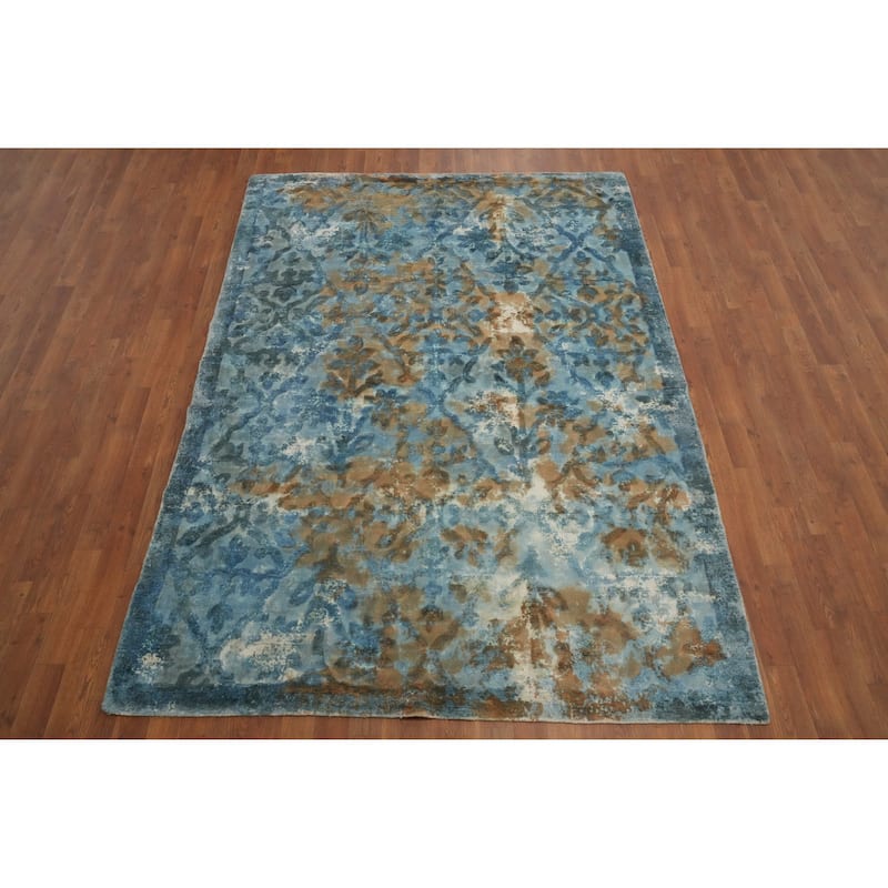Hand Knotted Oriental Viscose Silk Carpet Modern Abstract Navy Blue & Blues Abstract Area Rug - 8' 1'' X 5' 7''