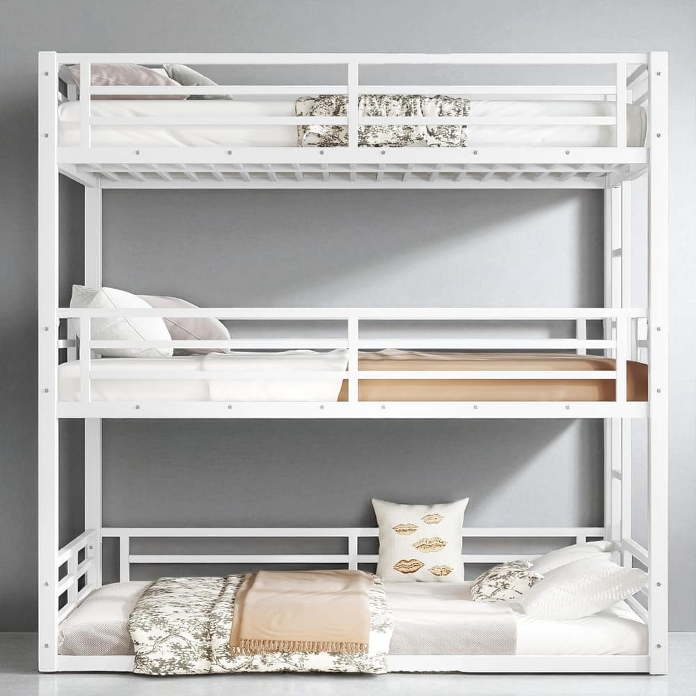 Metal Triple Bunk Bed Twin/Full/Twin XL/Queen with Safety Guardrails, Noise-Free Slats, Heavy Duty Frame