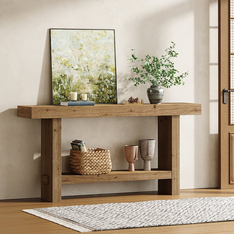 63'' Solid Wood Console Table with Shelf, 2-Tier Narrow Entryway Table