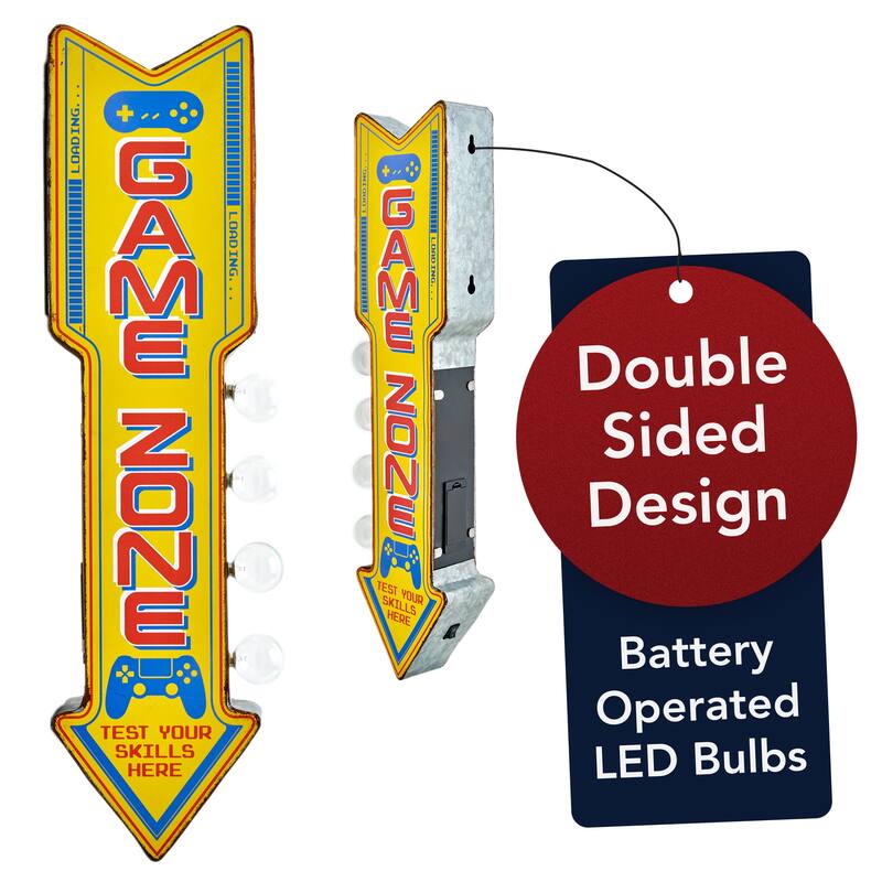 Retro Game Zone Off the Wall LED Marquee Sign - 25" H x 6.25" L x 3" D - Yellow - 25" H x 6.25" L x 3" D