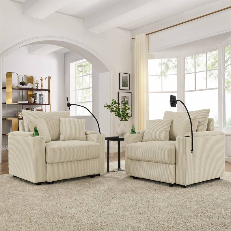 Modern Armchair Lounge Chair with Storage Space, Accent Chair Sofa Chair with Two Cup Holders & A Phone Holder, Set of 2