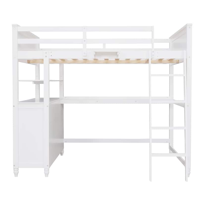 Full size Loft Bed with Drawers and Desk, Wooden Loft Bed with Shelves