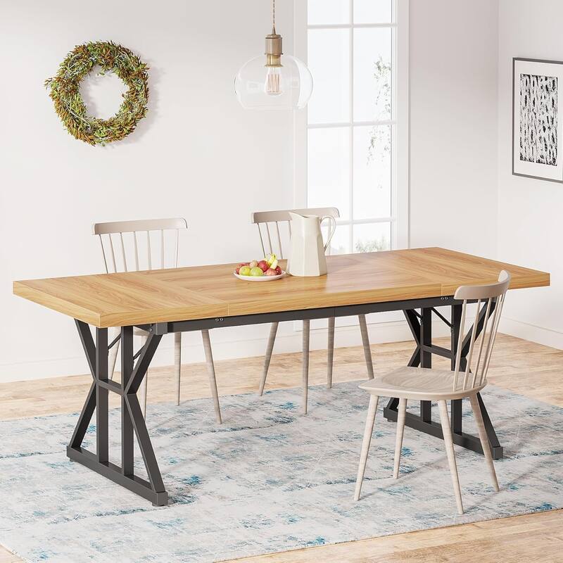 71" Dining Table for 6, Rustic Rectangular Kitchen Table with X-Trestle Metal Legs, Wood Top Dinner Table for Dining Room - Brown+Black