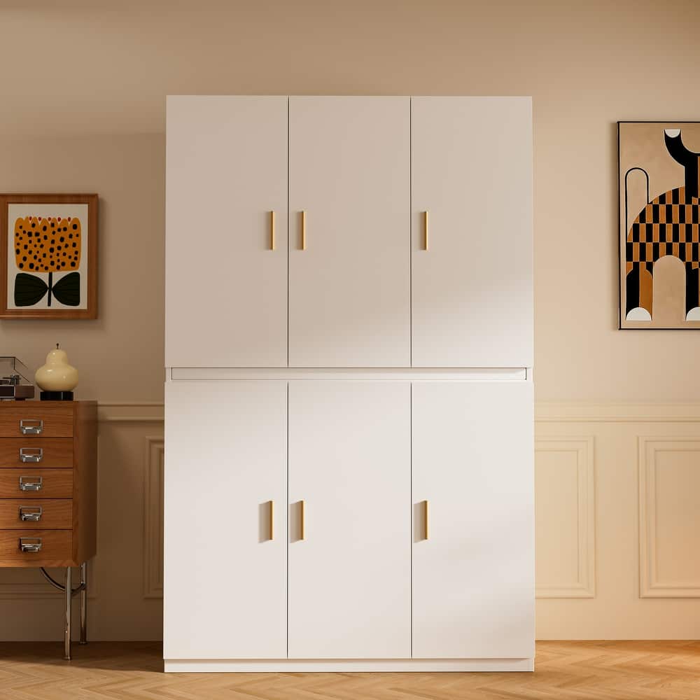 Gymojoy Armoire Wardrobe Closet, White Wooden Freestanding Clothes Storage Cabinet with Hanging Rods and Shelves for Bedroom