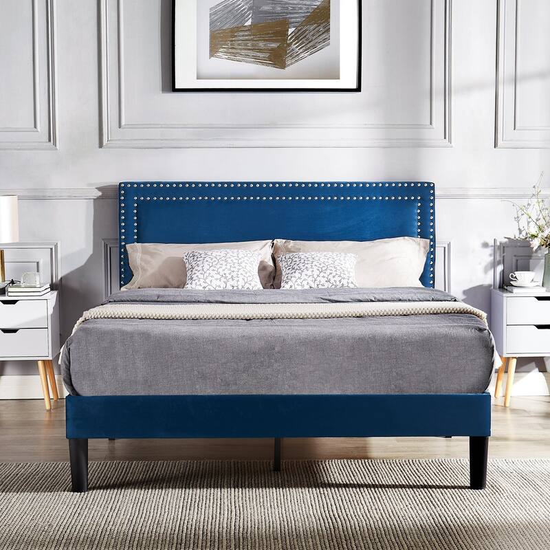 Upholstered Platform Bed Frame with Adjustable Headboard, Velvet Nailhead Trim, No Box Spring Needed - Blue - Full