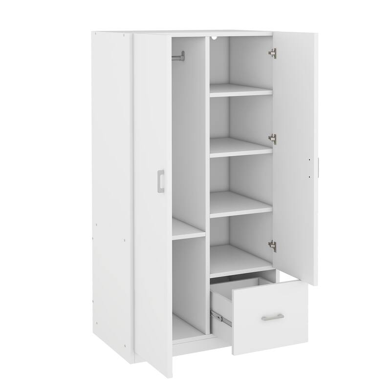 Wooden Floor Wardrobe with Double Doors, Modern Armoire with 5 Fixed Shelves, Storage Drawer Built-in Hanging Rod for Bedroom
