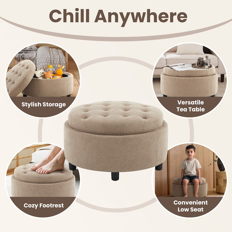 RENEWLINE Fabric Storage Ottoman with Tray Lid - Footrest & Hidden Storage for Living Room​