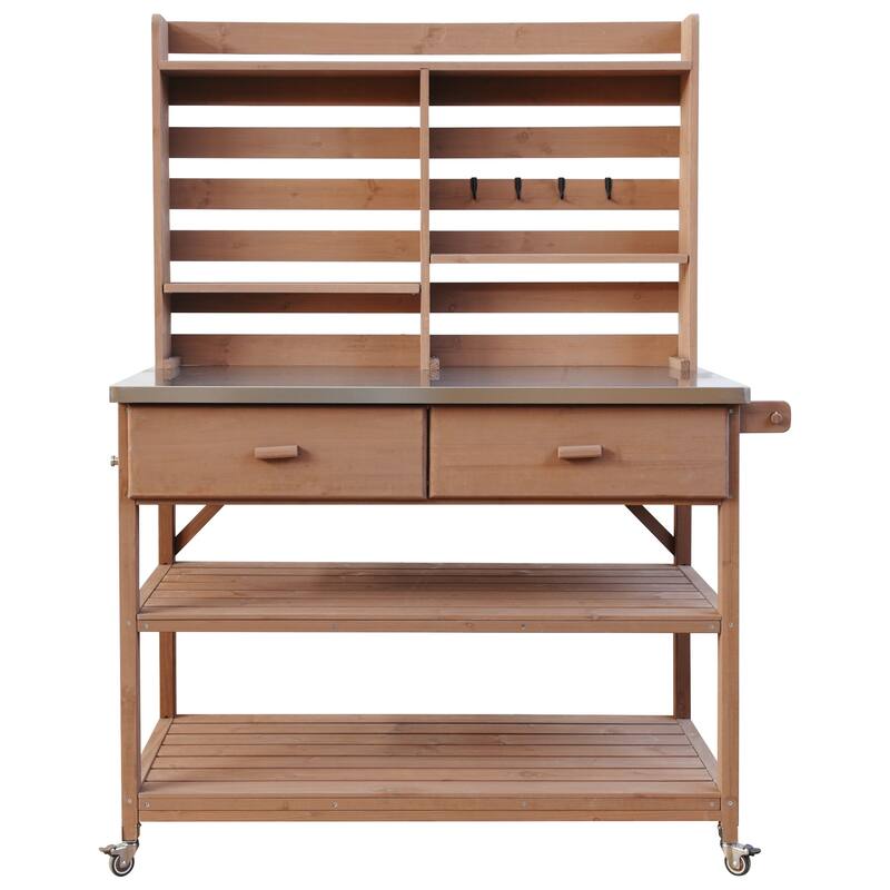 64.9"H Outdoor Potting Table with Lockable Wheels,Solid Wood Kitchen Island with Upper Hutch,Stainless Steel Top,Towel Rack