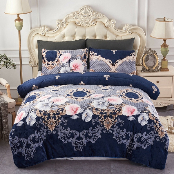 3 Pieces Sherpa Borrego Comforter Set With 2 Pillow Queen 45 Blue