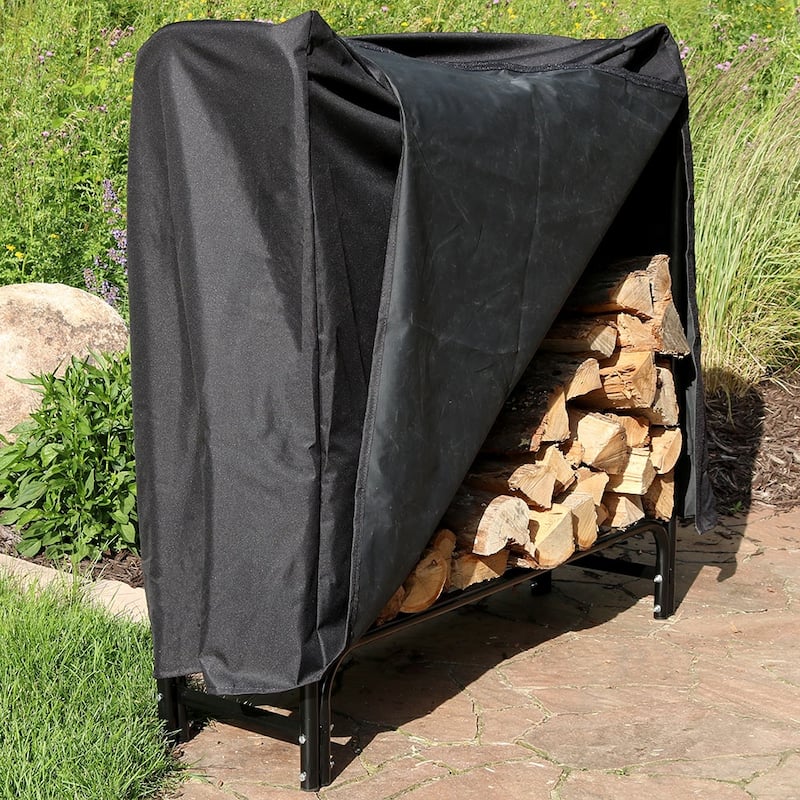 Sunnydaze Black Steel Outdoor Firewood Log Rack with Black Cover - 4-Foot