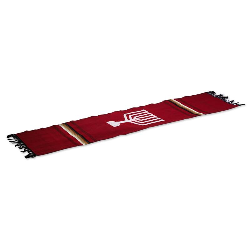 Novica Handmade Red Menorah Lights Cotton Table Runner