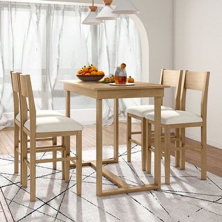 Rectangular 5-Piece Modern Solid Wood Fixed Dining Table Set with Linen ...