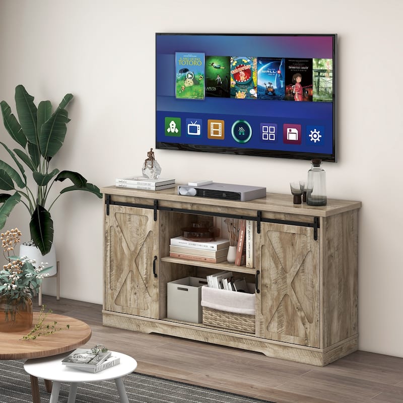 Farmhouse Entertainment Center with Adjustable Shelves and Storage Cabinet-Gray - 59" x 15.5" x 31.5"