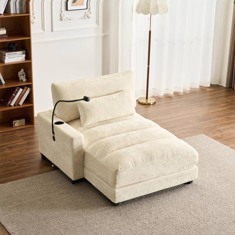 Chenille Single Sofa Chair Chaise Lounge with Phone Holder, Upholstered Recliner Sleeper Sofa Bed for Living Room