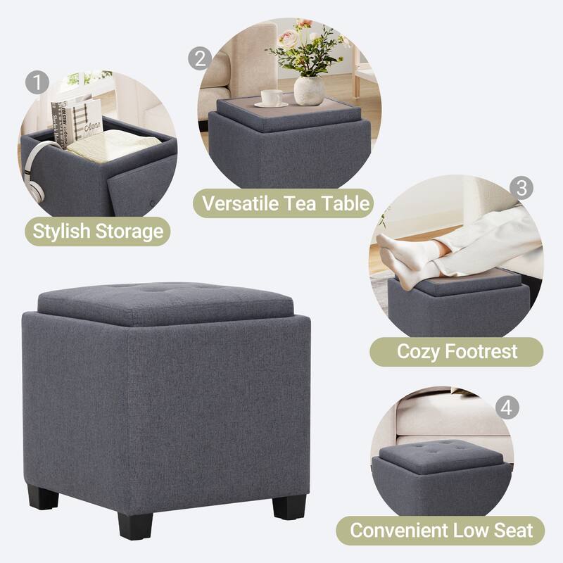 RENEWLINE ​18" Square Storage Ottoman with Tray - 250LBS Weight Capacity, Leather Upholstered Footstool for Living Room