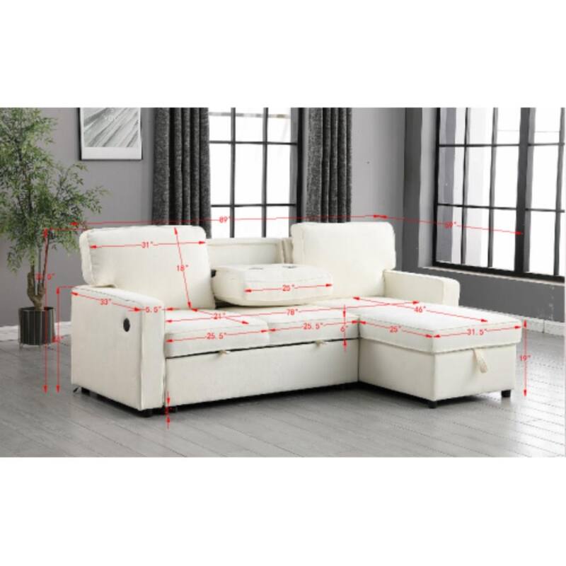 Upholstered Sleeper Sectional Sofa with Storage, USB Ports and Cup Holders, Multi-Functional Modern Sectional Sofa