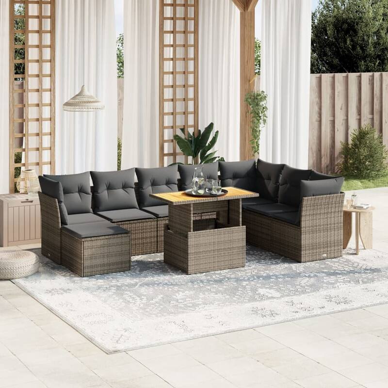 vidaXL Patio Sofa Set with Cushions Outdoor Furniture 9 Piece Poly Rattan - 21.7 x 39.4 x 28.7 in - Grey