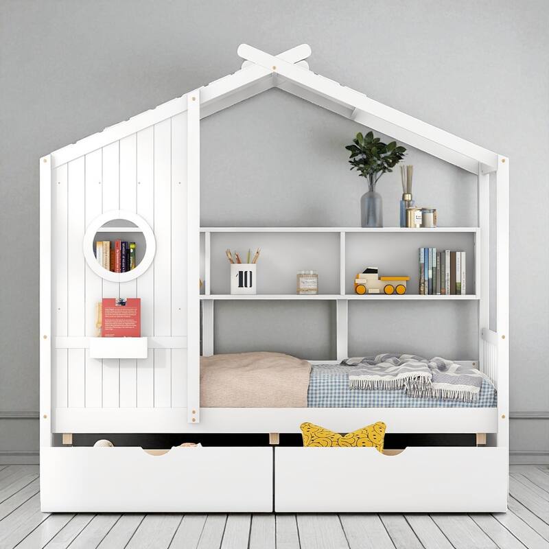 Twin/Full Size Wooden House Bed with Roof, Storage Shelf and 2 Drawers for Kids, Montessori Style