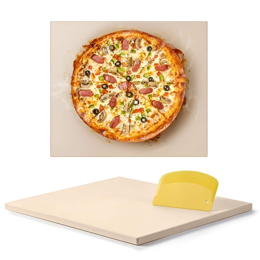 Beige Cordierite Rectangular Pizza Stone 16x14in Heat-Resistant with Scraper for Even Baking - 16 x 14 x 0.6 in/