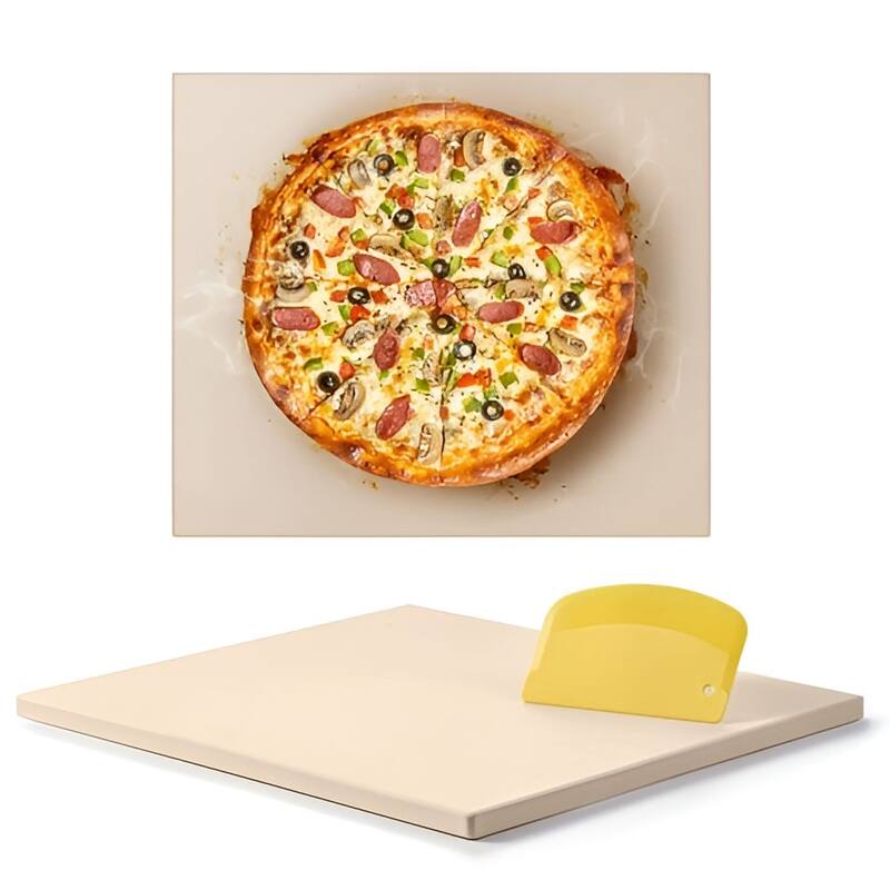 Beige Cordierite Rectangular Pizza Stone 16x14in Heat-Resistant with Scraper for Even Baking - 16 x 14 x 0.6 in/