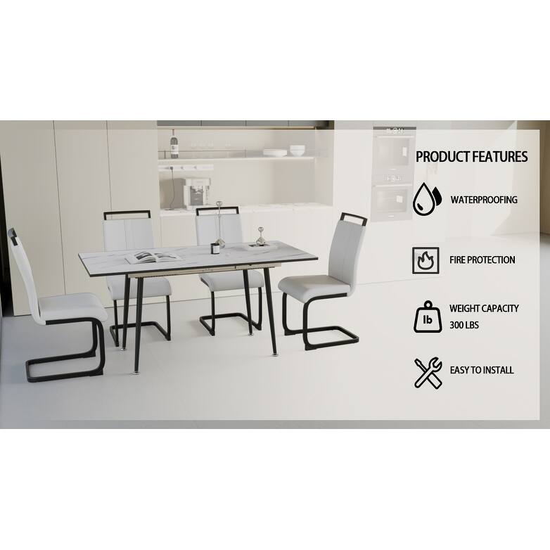 5-Piece Expandable Dining Table Set with C-shaped Tubular Cushioned Armless Chair, Scratch Resistant Plastic Feet